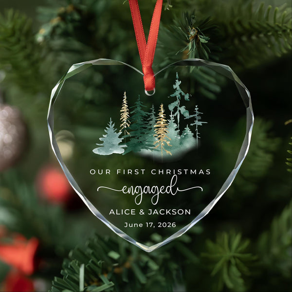 Our First Christmas Engaged Ornament with Watercolor Forest and Gold Pines, Names and Date, Personalized Glass Keepsake
