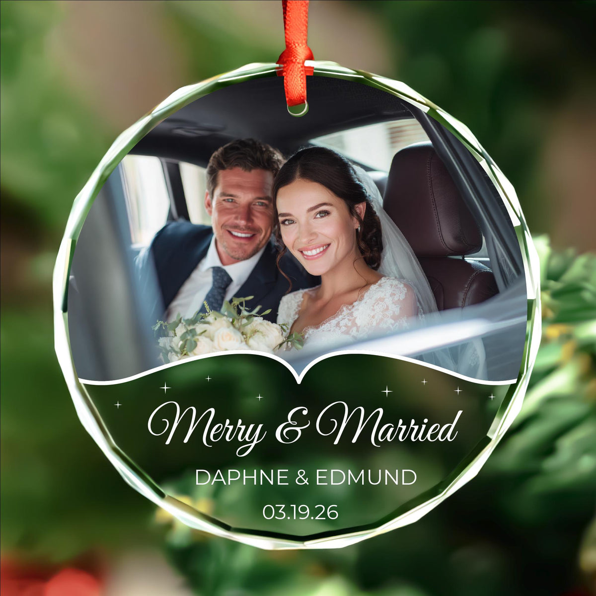 Merry and Engaged couple photo ornament in round and oval glass