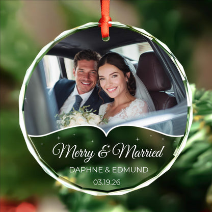 Merry and Engaged couple photo ornament in round and oval glass