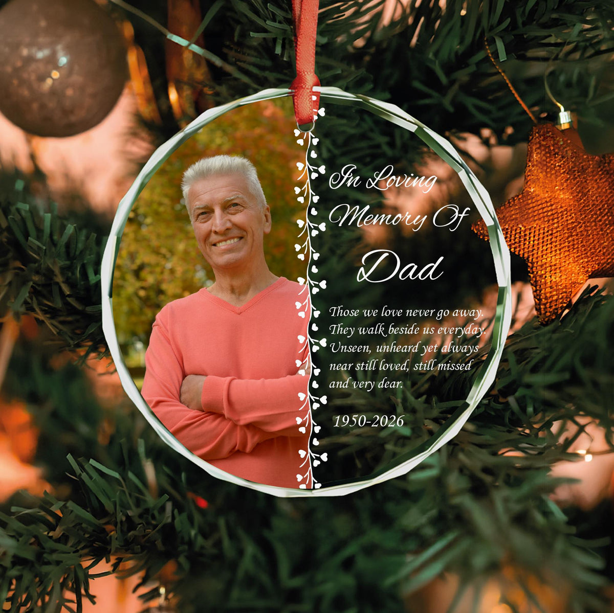 Memorial photo ornament with name and years