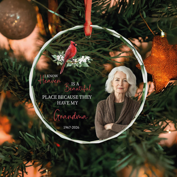 Loss of Grandma Memorial Photo Ornament, Cardinal on Snowberry Branch, I Know Heaven Is a Beautiful Place