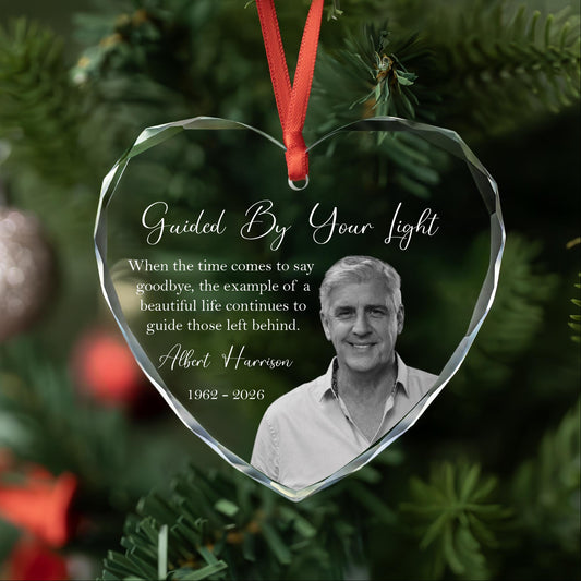 Guided By Your Light memorial photo glass ornament with black and white portrait
