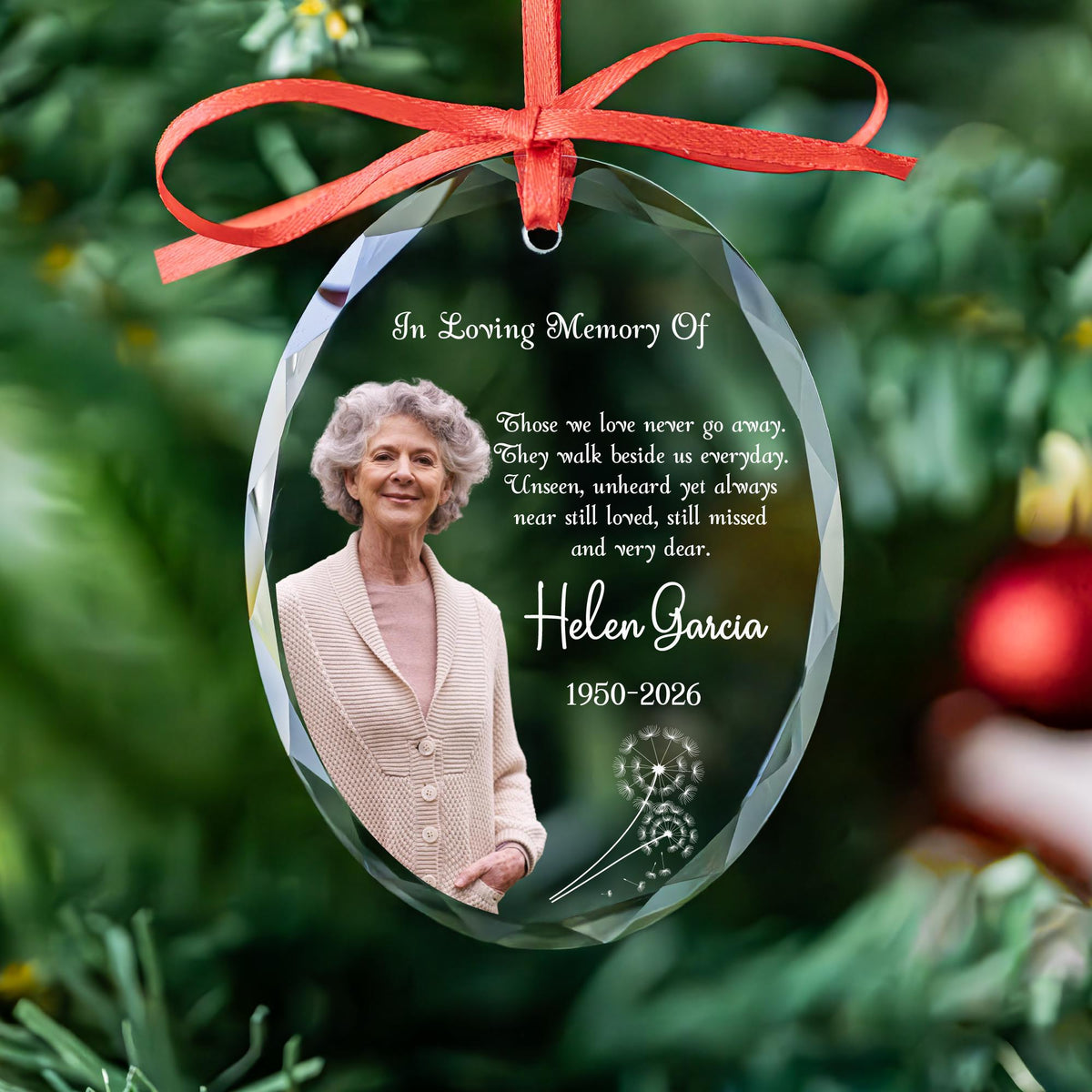 Dandelion memorial round glass ornament with name and years