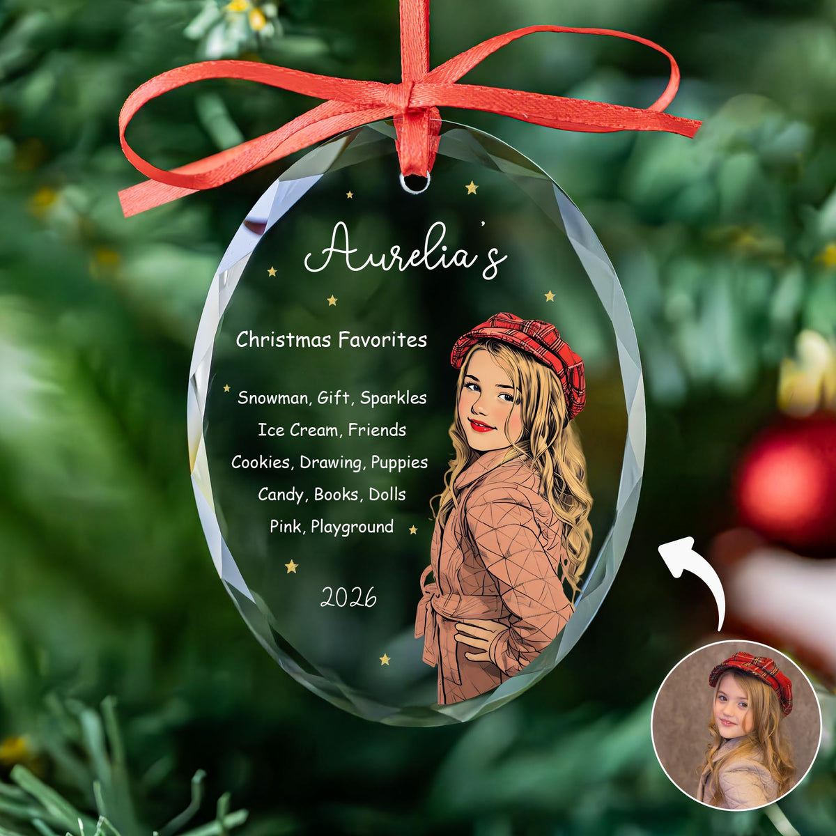Kids favorite things ornament in round, heart and oval glass shapes