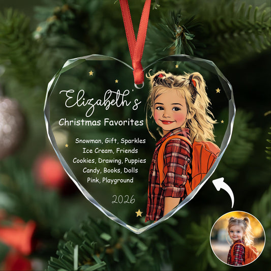 Personalized kids favorite things glass ornament with cartoon portrait from photo