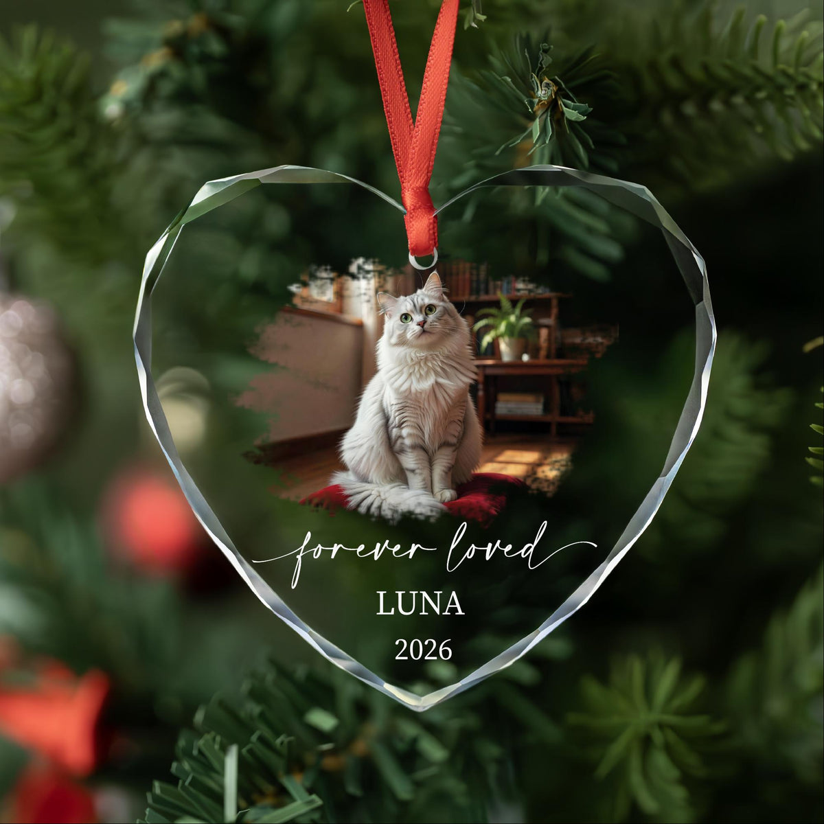 Forever loved cat ornament in round, heart and oval glass shapes