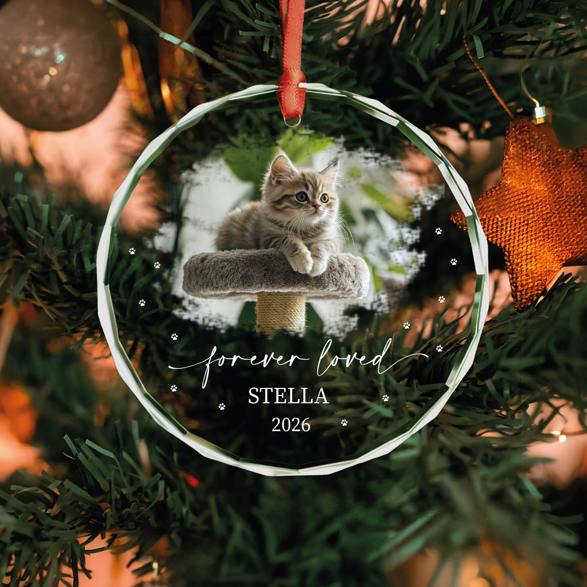 Pet remembrance glass Christmas ornament with cat photo