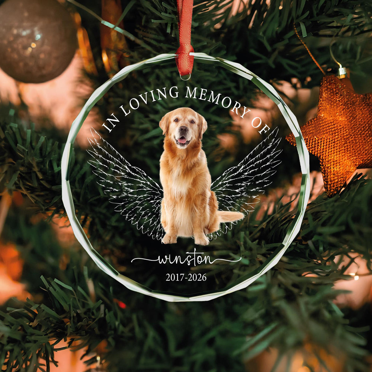 In loving memory dog ornament with angel wings in round and heart glass shapes