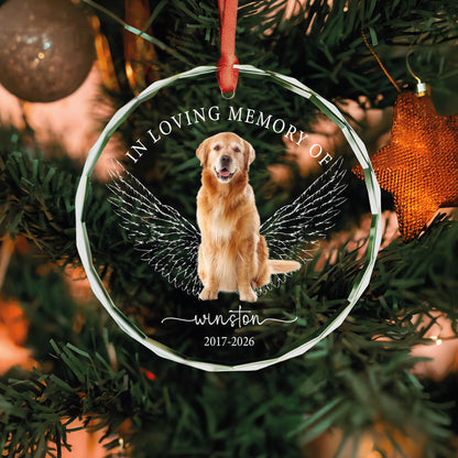 In loving memory dog ornament with angel wings in round and heart glass shapes