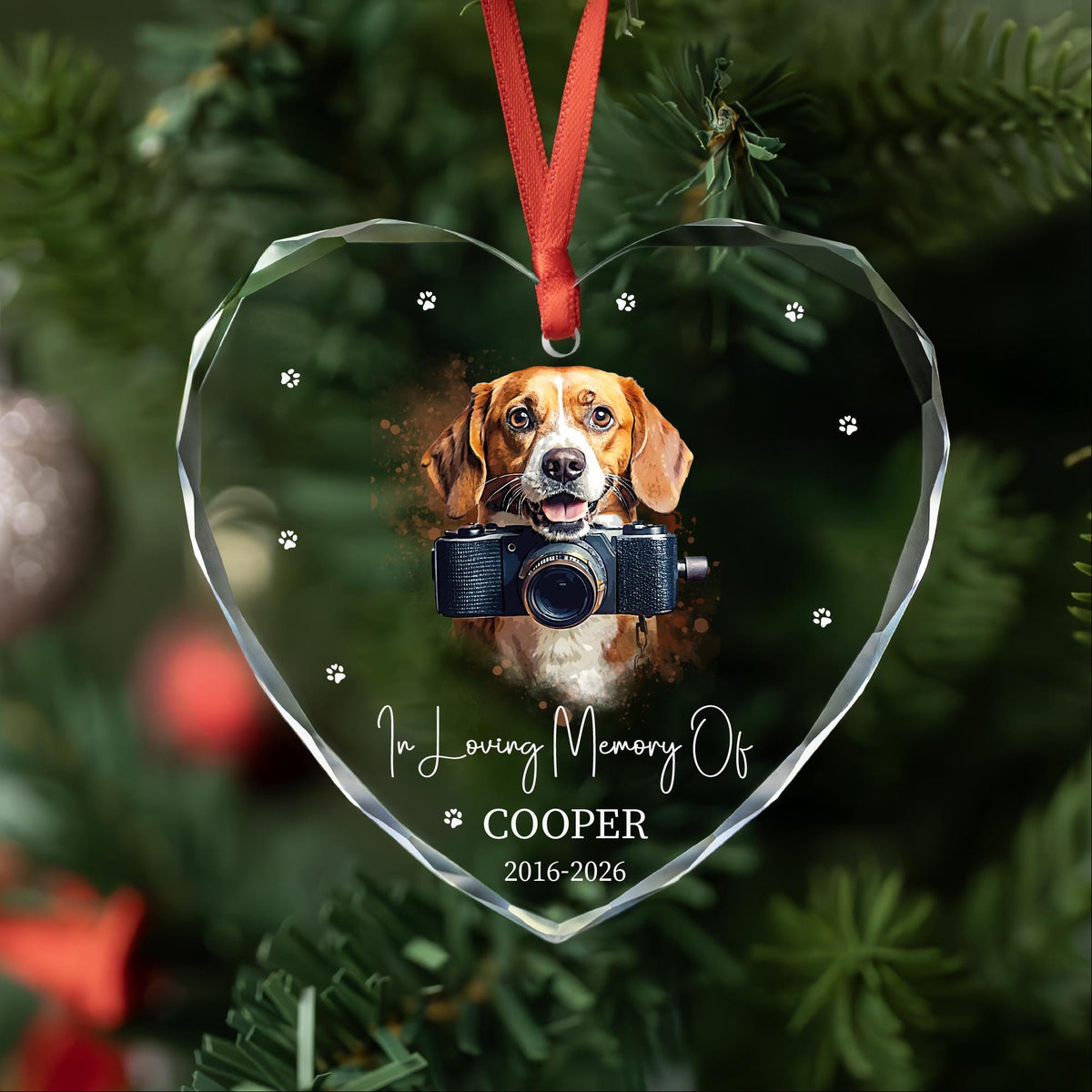 Personalized watercolor dog memorial heart glass ornament with paw prints, name and years