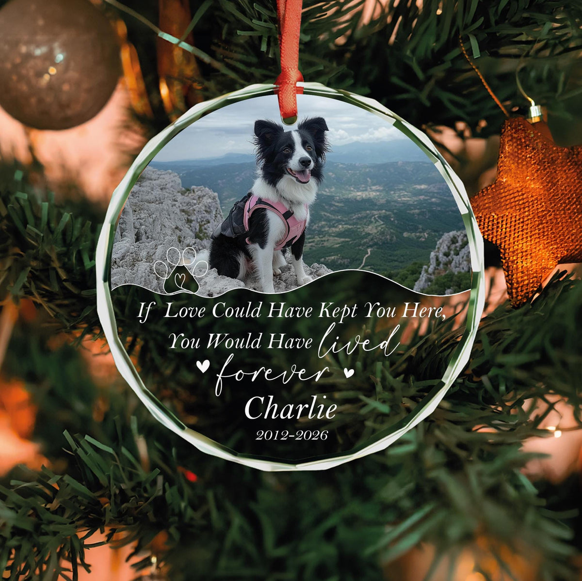 Personalized dog memorial round glass photo ornament with wavy photo edge and paw heart, name and years