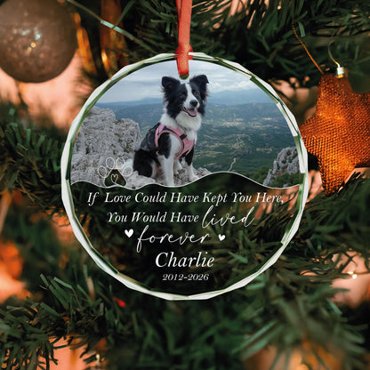Personalized dog memorial round glass photo ornament with wavy photo edge and paw heart, name and years