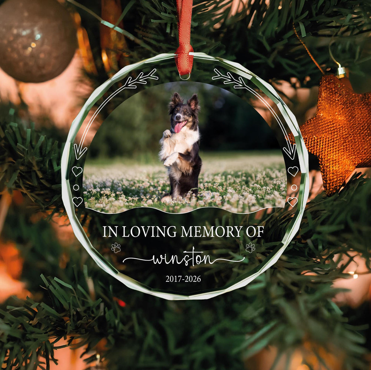 Personalized in loving memory dog round glass ornament with photo, arrows and hearts, name and years