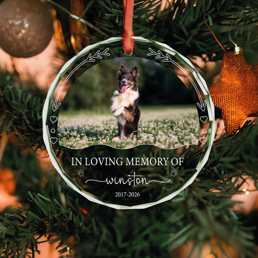 Personalized in loving memory dog round glass ornament with photo, arrows and hearts, name and years