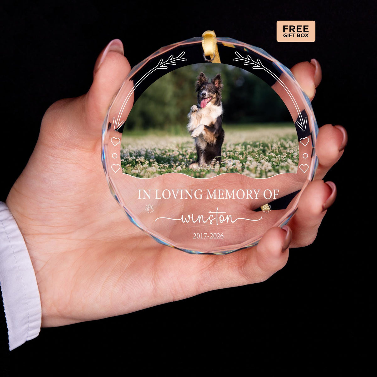 Pet remembrance glass Christmas ornament with dog photo