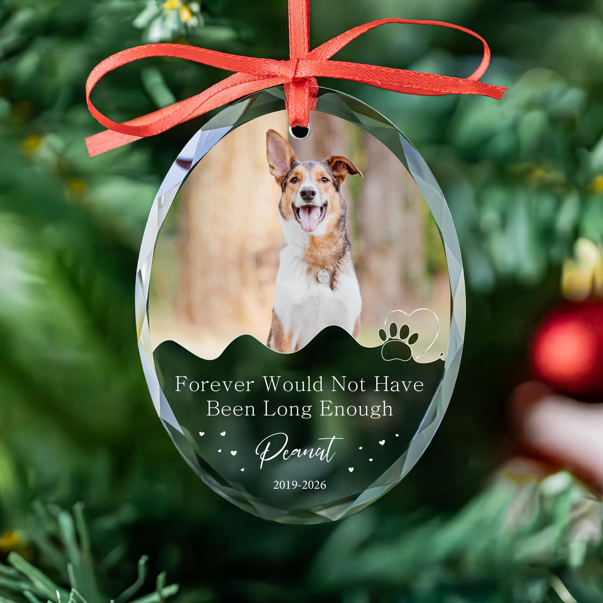 Personalized dog memorial oval glass photo ornament with paw print heart, name and years