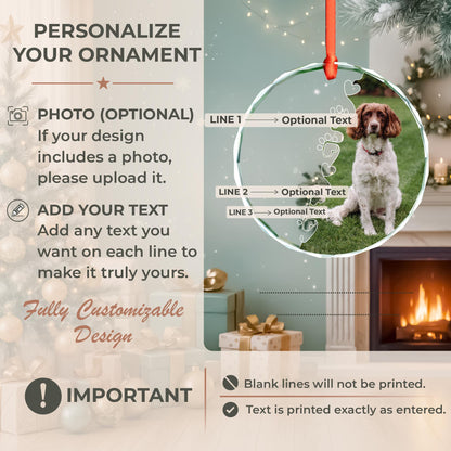 Dog remembrance glass Christmas ornament with photo and paw prints