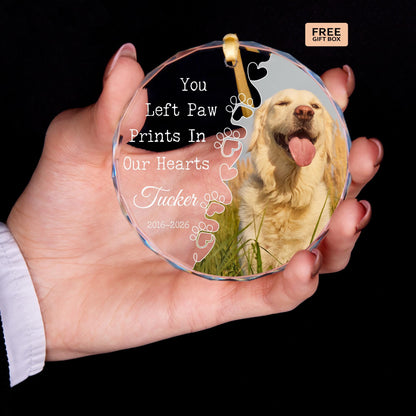 Dog memorial ornament with paw print heart trail