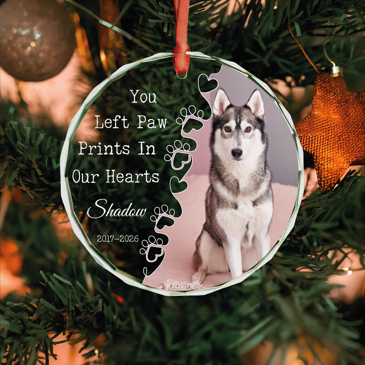 Personalized you left paw prints in our hearts dog memorial round glass ornament with photo, name and years