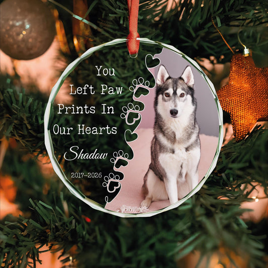 Personalized you left paw prints in our hearts dog memorial round glass ornament with photo, name and years