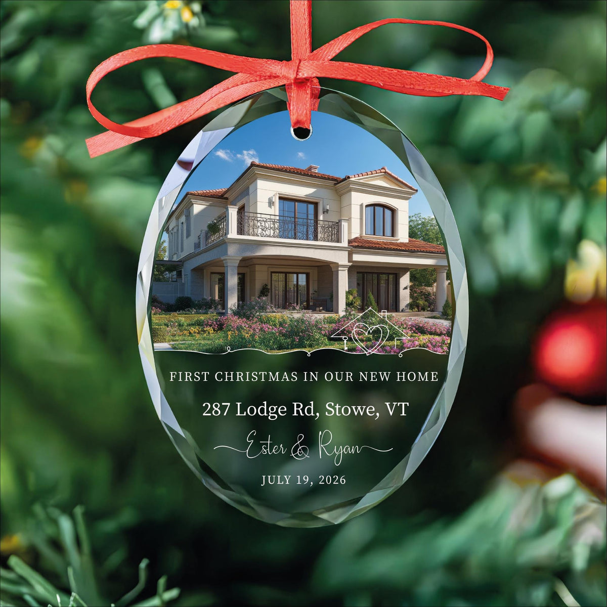 New home house photo ornament in round and oval glass shapes