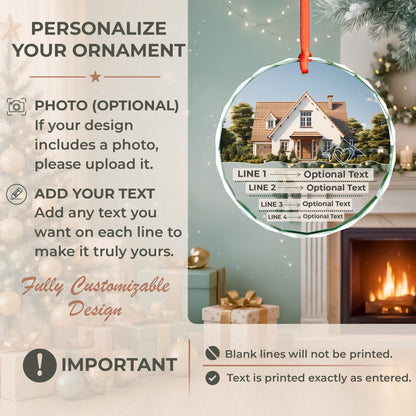 First house photo glass Christmas ornament with address