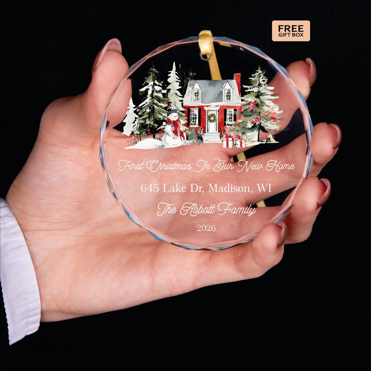 Housewarming keepsake ornament with family name and year