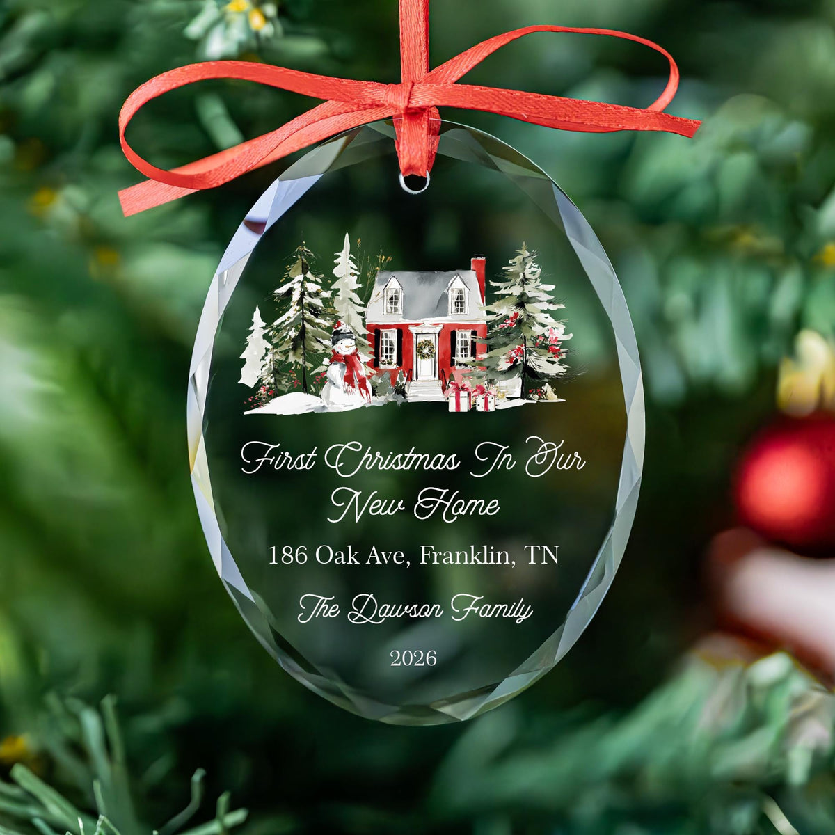New home red house snowman ornament in round, heart and oval glass shapes