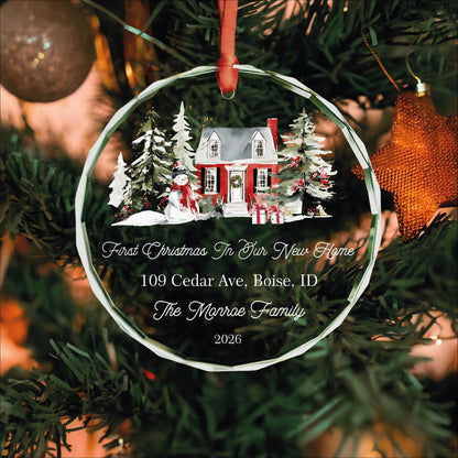 New house family glass Christmas ornament with address
