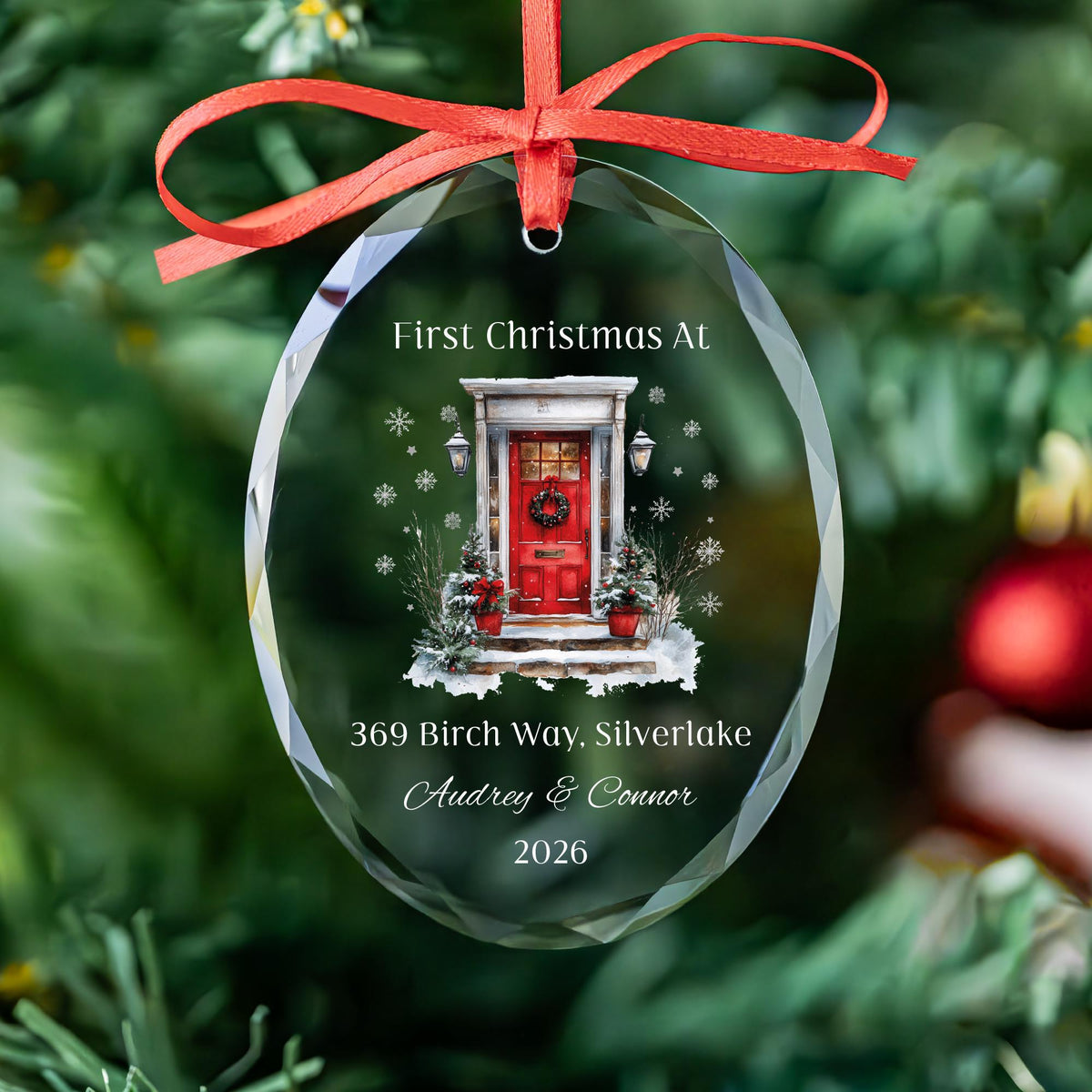 New home red door ornament in round, heart and oval glass shapes
