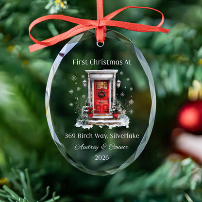 New home red door ornament in round, heart and oval glass shapes