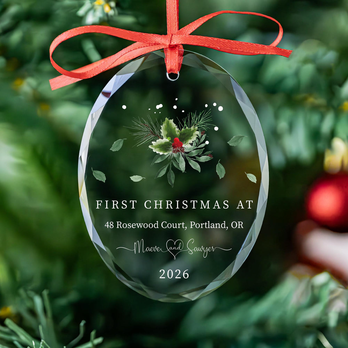 Personalized first Christmas at new home oval glass ornament with holly and pine, address, names and year