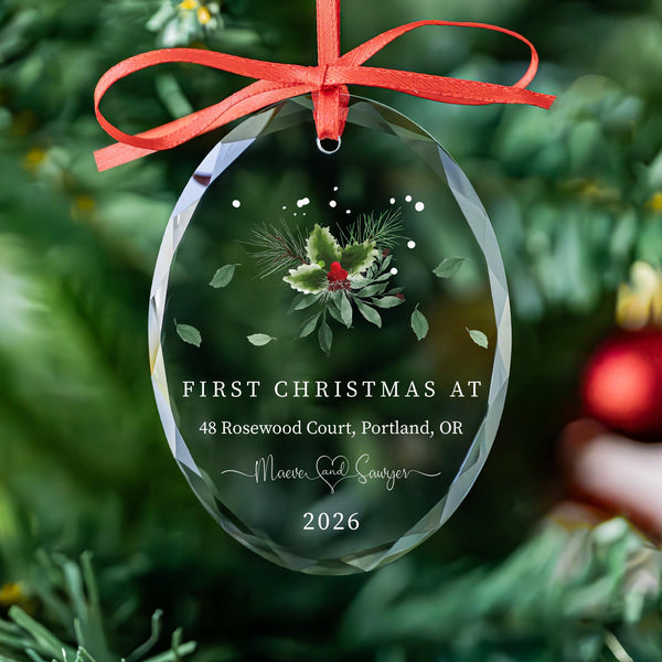 First Christmas at New Home Ornament with Holly and Pine, Address, Names and Year, Personalized Glass Keepsake