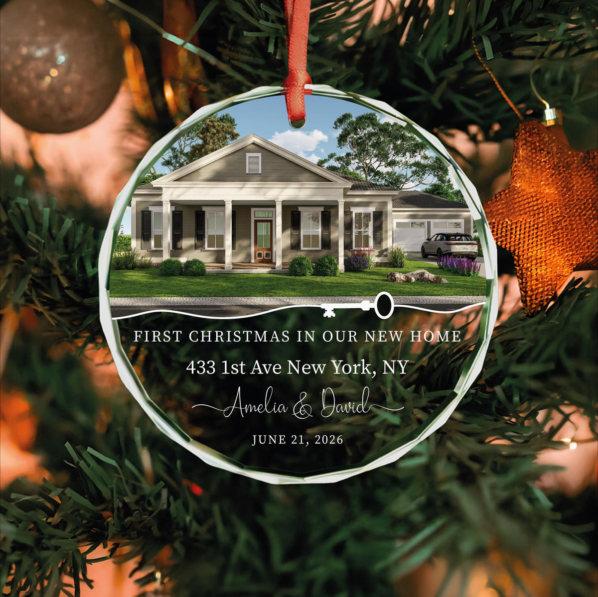 Personalized first Christmas in our new home round glass house photo ornament with key line art, address, names and date