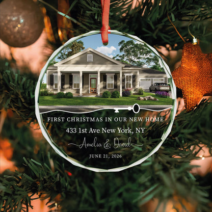 Personalized first Christmas in our new home round glass house photo ornament with key line art, address, names and date