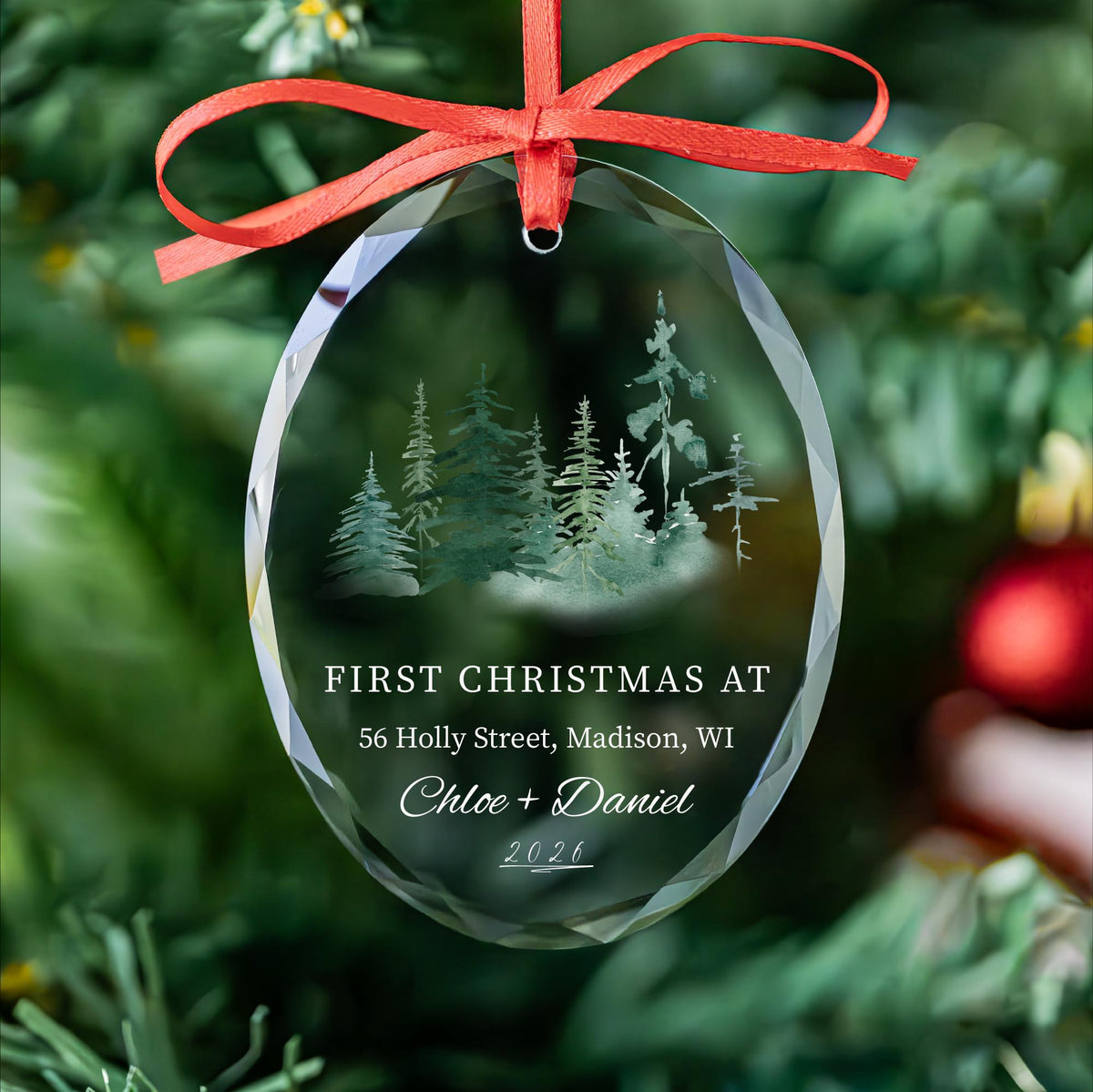 New home watercolor forest ornament in round, heart and oval glass shapes
