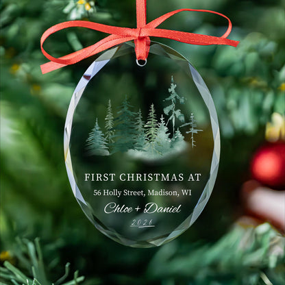 New home watercolor forest ornament in round, heart and oval glass shapes