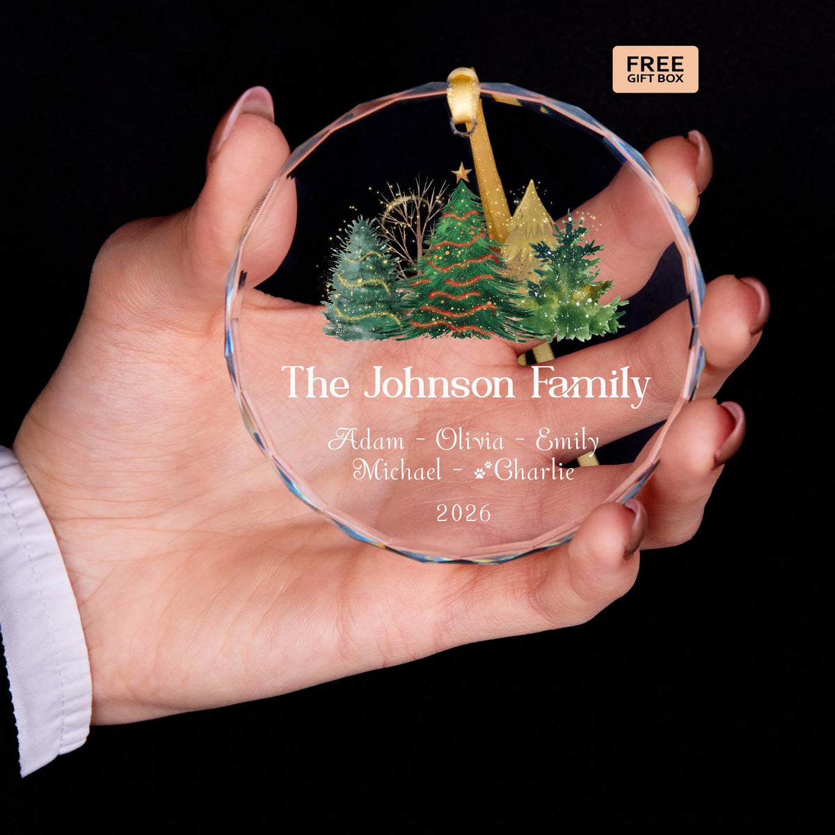 Gold sparkle family name glass ornament