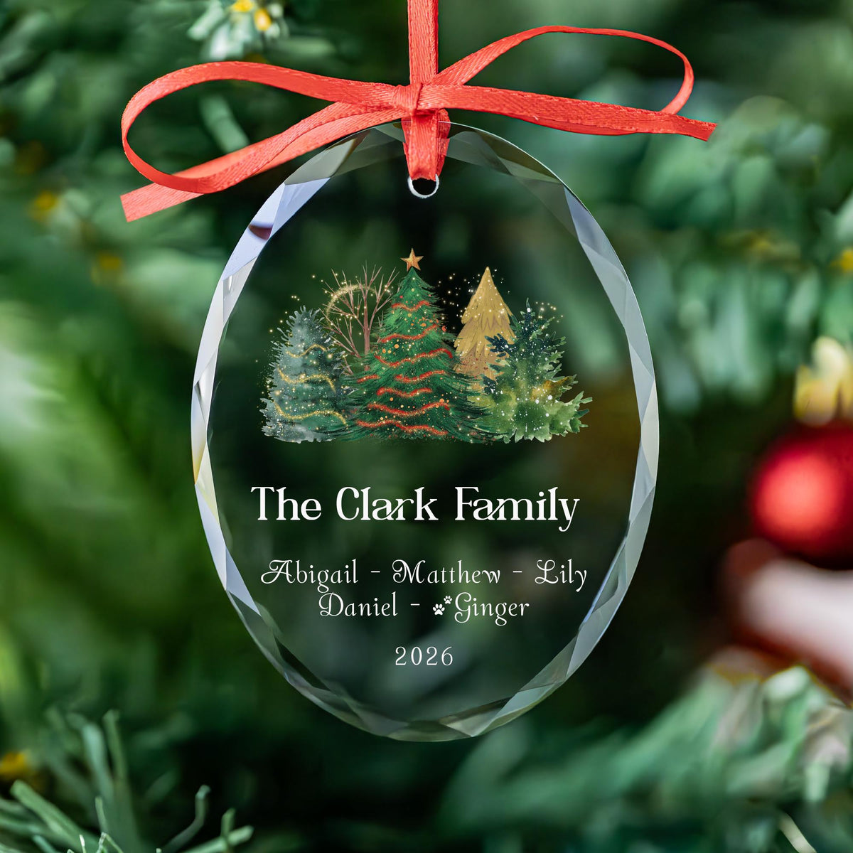 Personalized family glass ornament with watercolor forest and gold sparkle