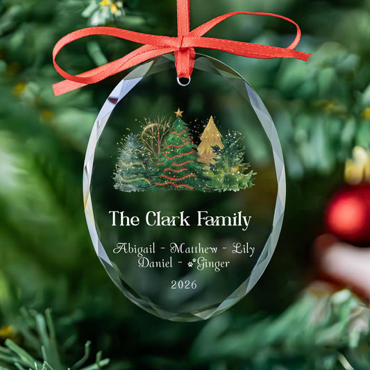 Personalized family glass ornament with watercolor forest and gold sparkle