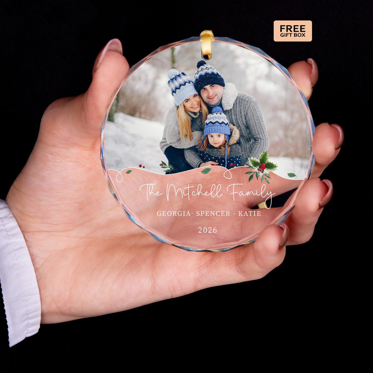 Family picture glass ornament with names