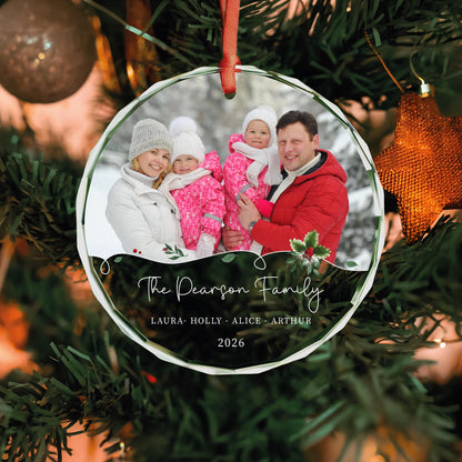 Custom family photo round glass ornament with holly, names and year