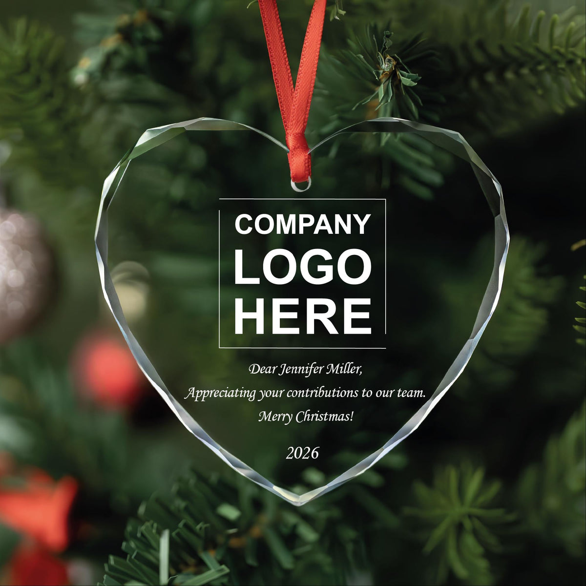 Staff appreciation ornament in round, heart and oval glass shapes