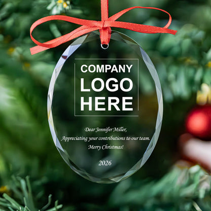 Employee appreciation glass ornament with company logo and personal message
