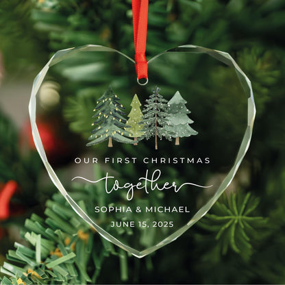 Personalized first Christmas together heart glass ornament with watercolor Christmas trees, names and date