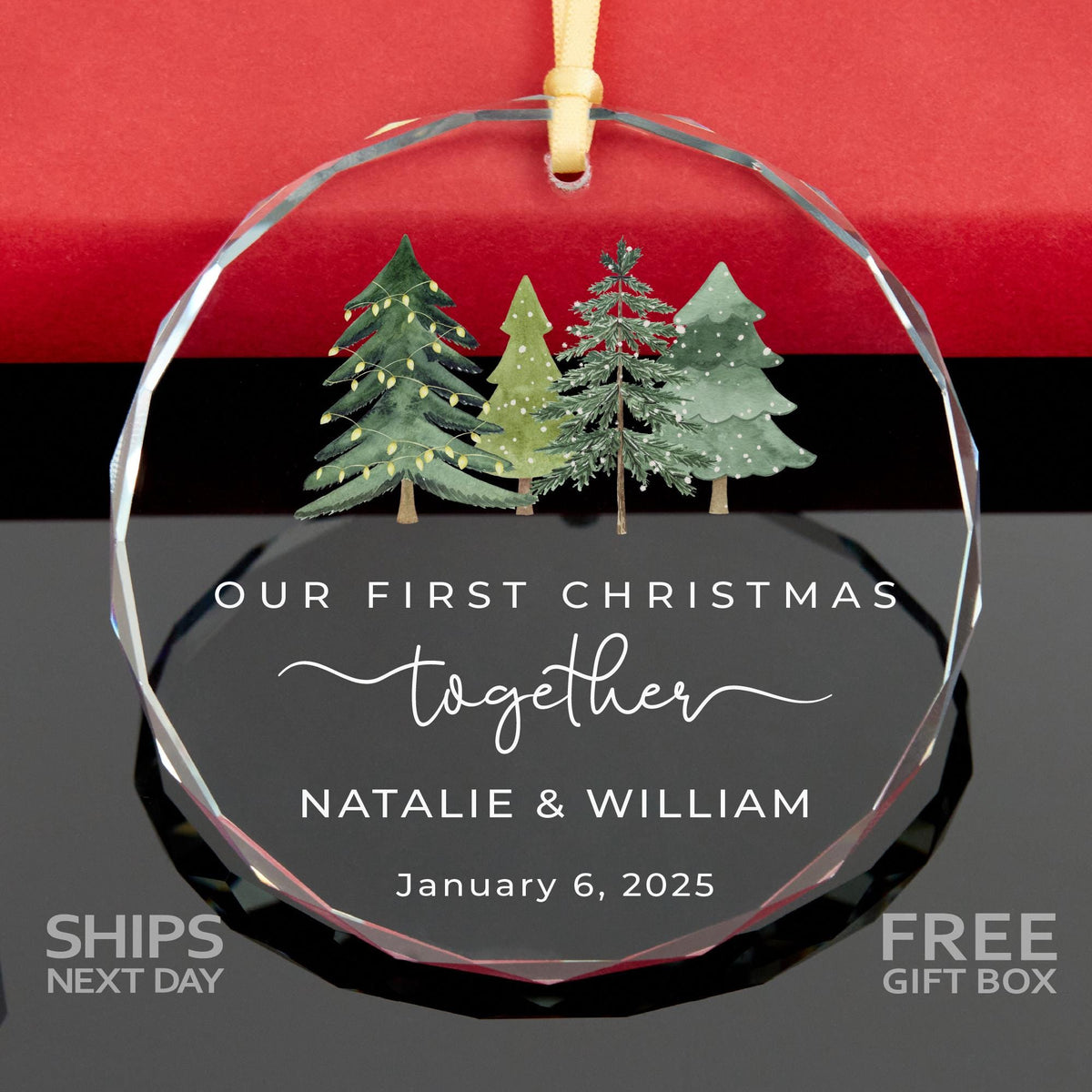 Couple Christmas keepsake glass ornament with names