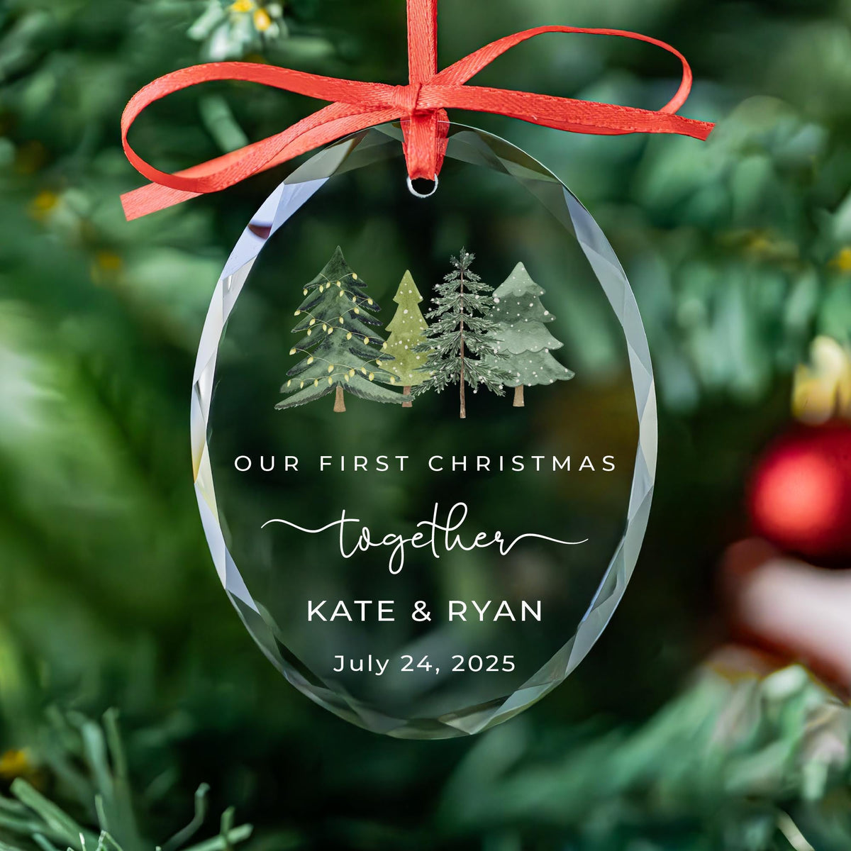 First Christmas together trees ornament in round, heart and oval glass shapes