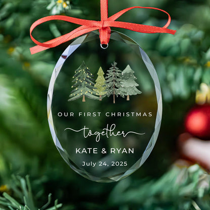 First Christmas together trees ornament in round, heart and oval glass shapes