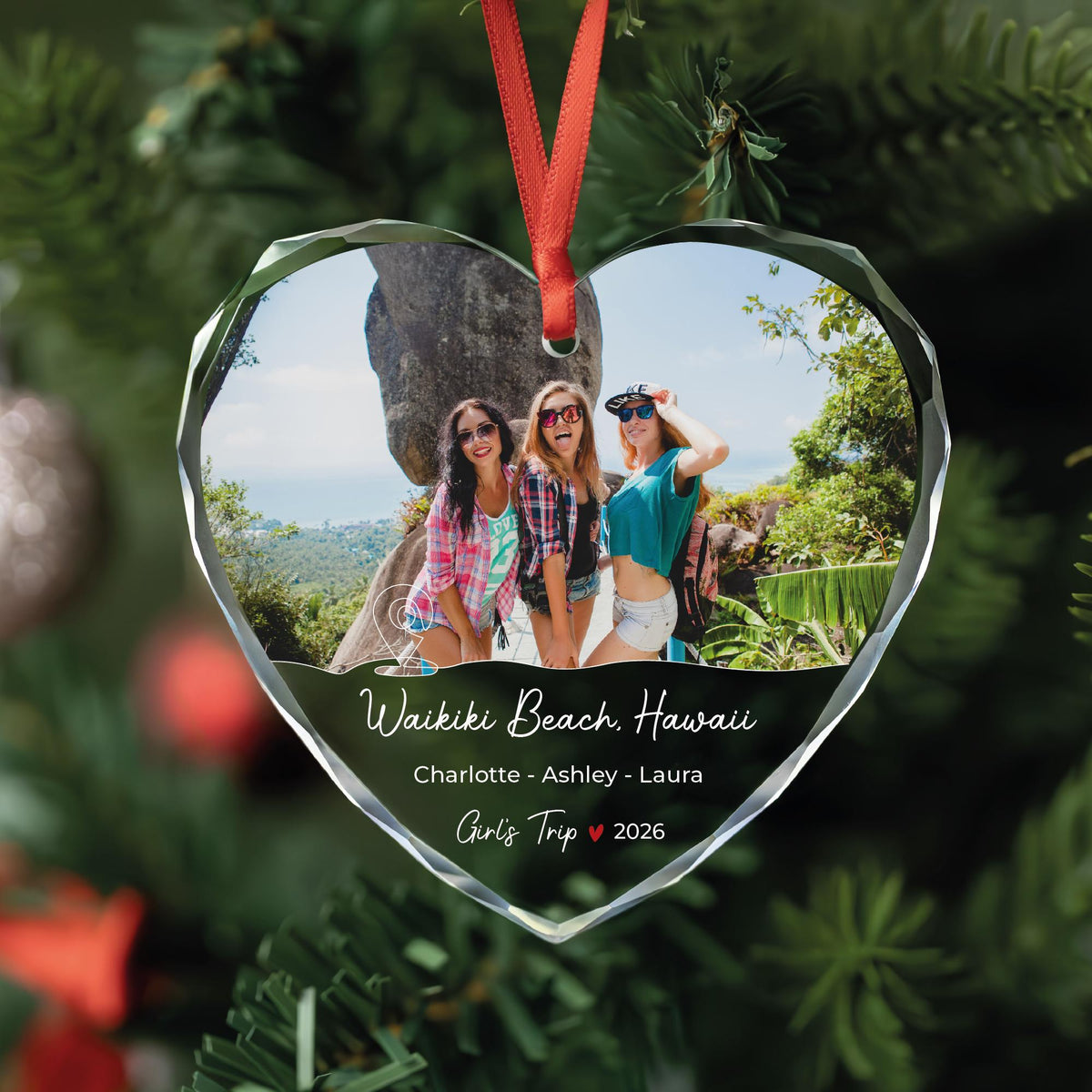 Girls trip photo ornament in round, heart and oval glass shapes