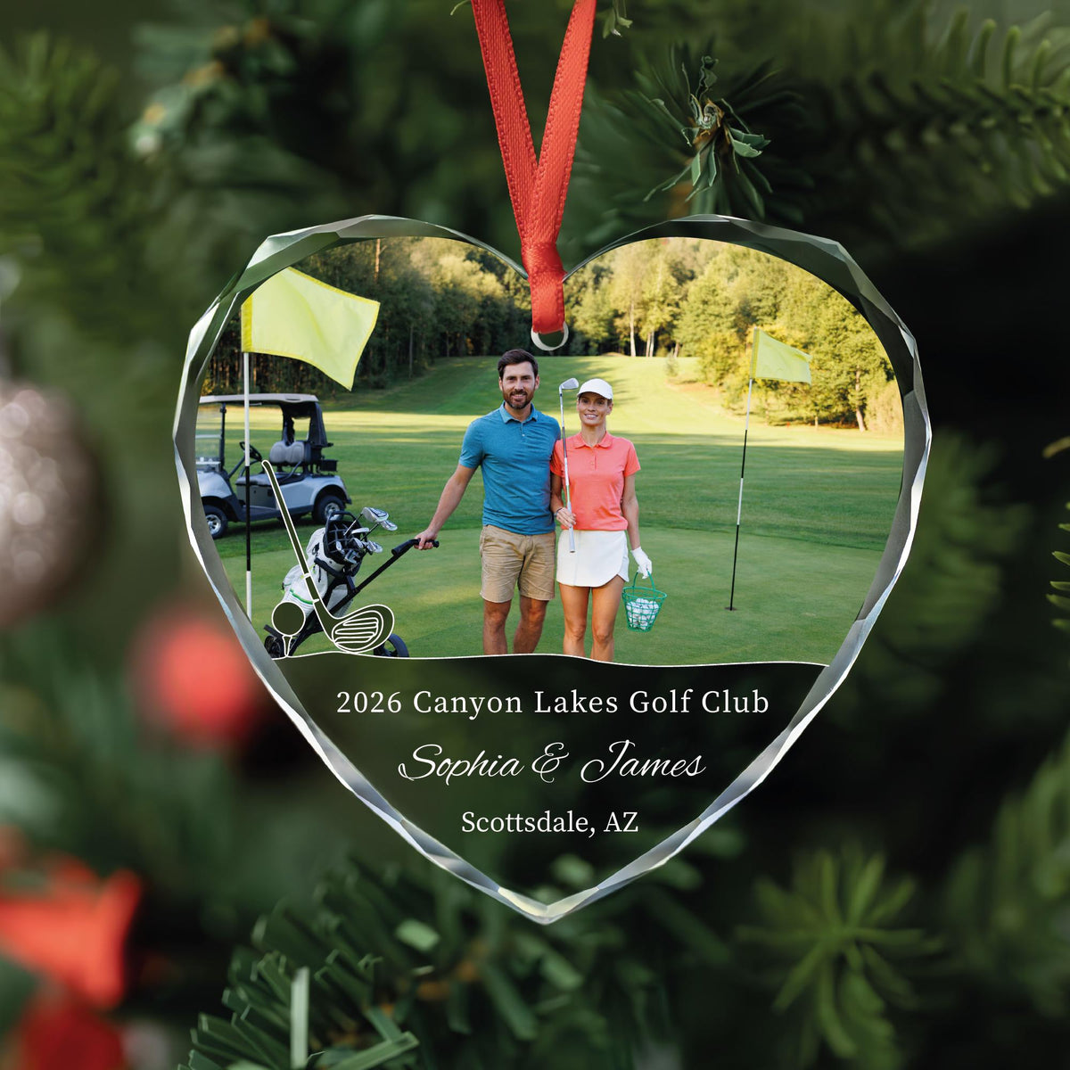 Golf photo ornament in round, heart and oval glass shapes